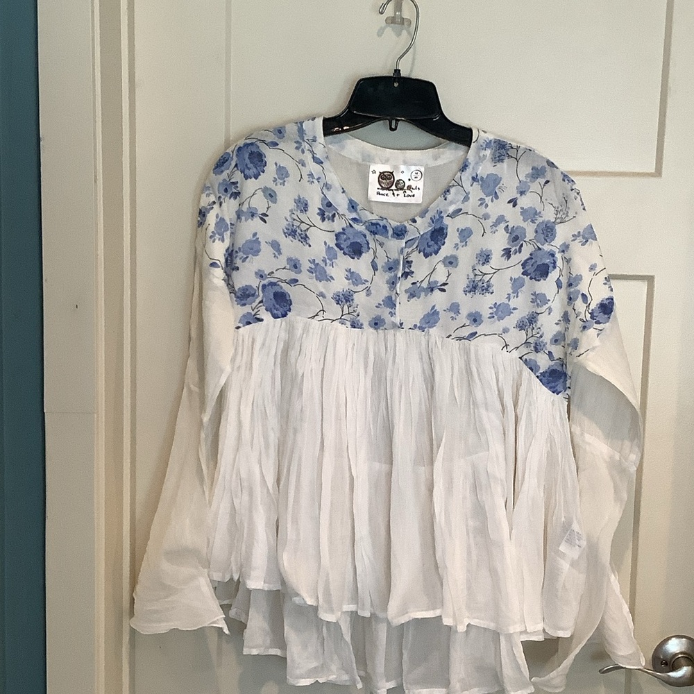 Boho White Peasant Blouse with Blue Floral Yoke